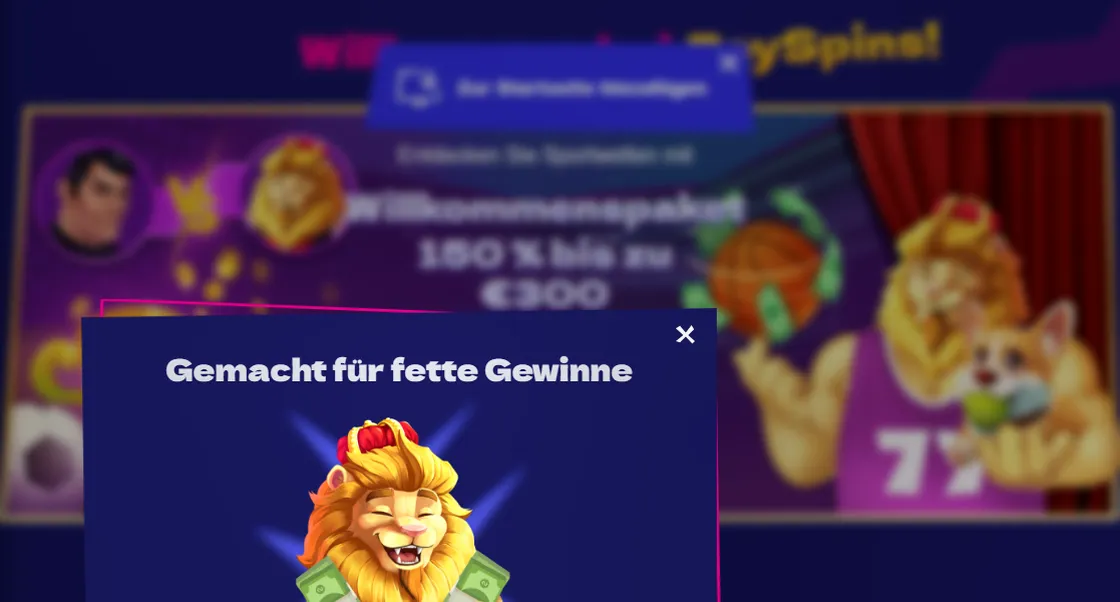 Royspins — 250% bis zu 2.000 € + 200 Freispiele (Casino); separat 150% bis zu 300 € für Sportwetten